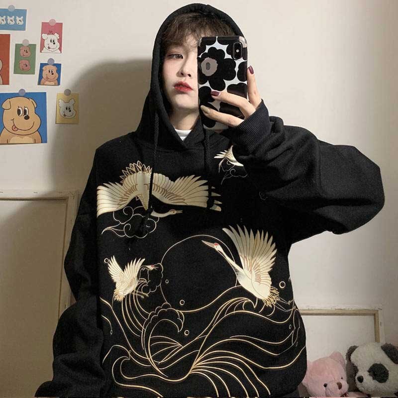 Retro Crane Print Loose Hooded Plus Velvet Sweater Women Plus Size Coat