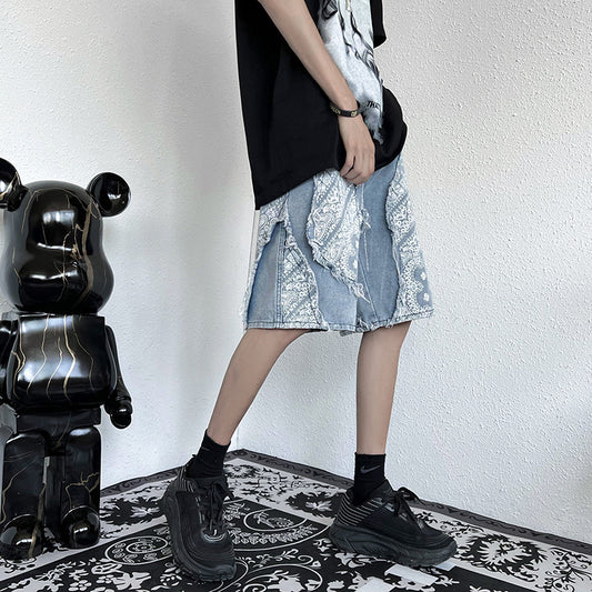 Retro Patchwork Paisley Denim Shorts Men