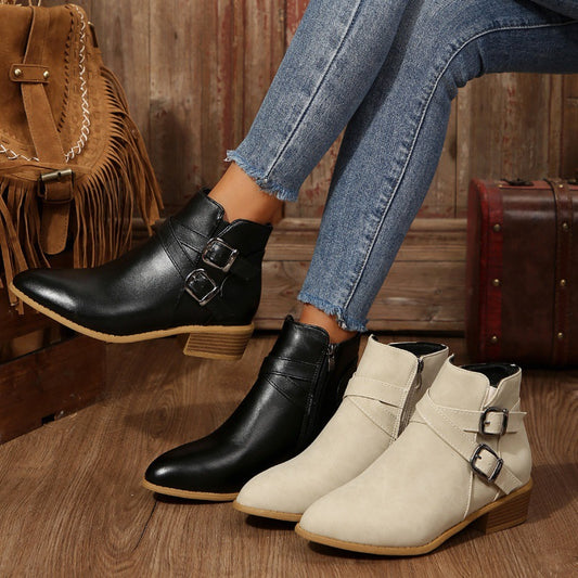 Fashionable Chunky-Heel Leather Belt-Clasp Side-Zip Ankle Boots