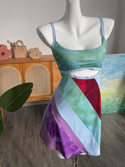 Y2K Aesthetic Patchwork Front Cut Out Stripe Spaghetti Strap Sexy Rave Party Dresses