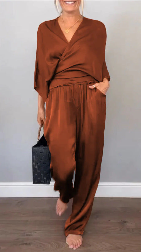 Solid Color Satin Short-sleeved Top Pants Suit Women