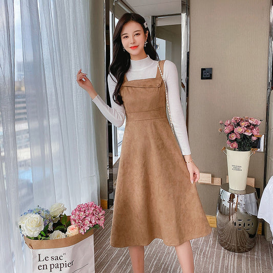 Half High Neck Bottoming Sweater Women Deerskin Velvet Waist Strappy Skirt