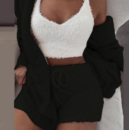 3pcs Womens Clothing Long Sleeve Crop Tank Top And Drawstring Shorts Set
