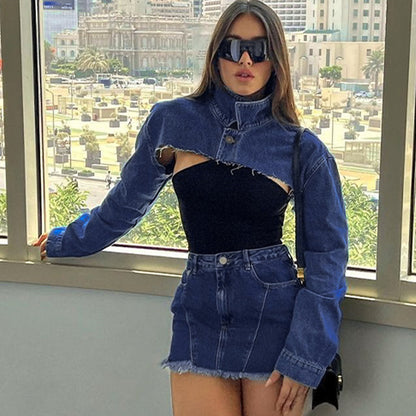 Denim Long Sleeve Jacket Overcoat Slim Skirt Set
