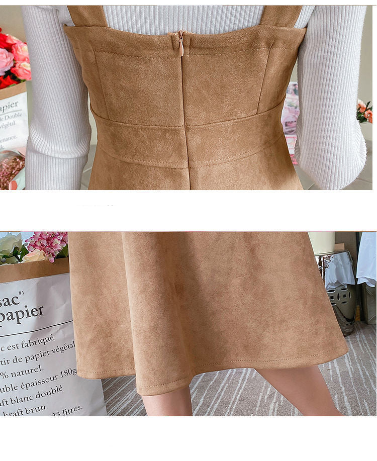 Half High Neck Bottoming Sweater Women Deerskin Velvet Waist Strappy Skirt