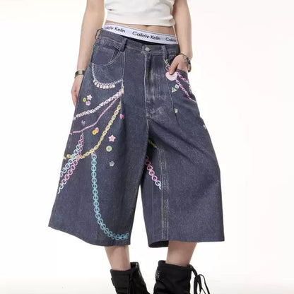 Retro Color Chain Printed Cropped Jeans For Women