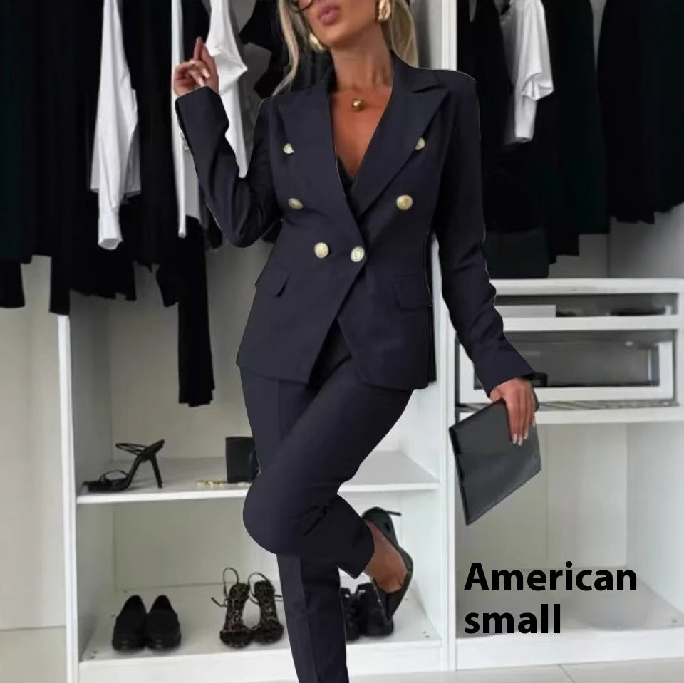 Casual Blazer Suit Slim Lapel Double-breasted Jacket And Zip-up Trousers Women's Clothing