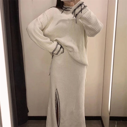 Slimming Front Slit A Line Skirt Women Long Sleeved Round Neck Stitched Knitted Sweater