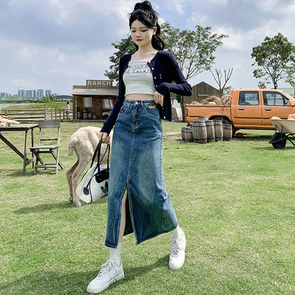 Front Slit High Waist Denim Skirt For Women