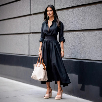V-neck Tight Waist Long Dress Women