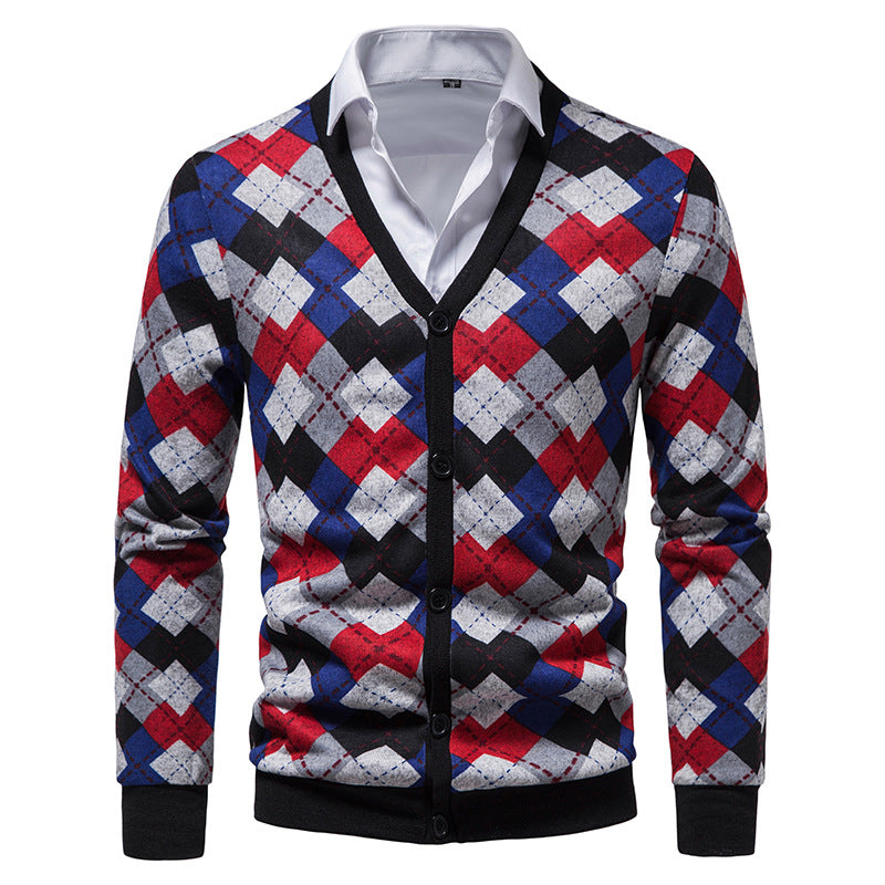 Men's Argyle Cardigans With V-neck Buttons