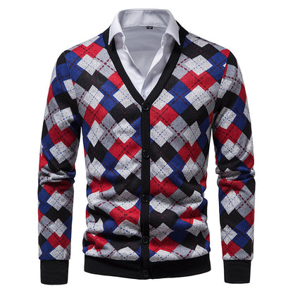 Men's Argyle Cardigans With V-neck Buttons