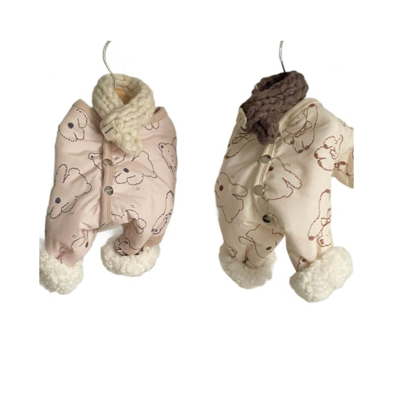 Cute Bear Print Pet Winter Jumpsuit With Knitted Scarf, Padded Dog Onesie With Fleece Cuffs For Cold Weather