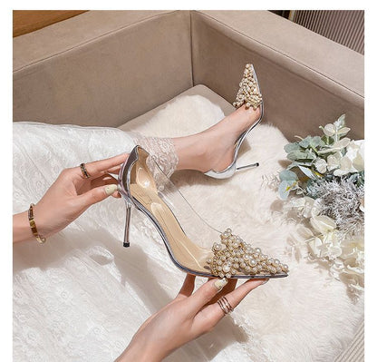 Women's Stiletto Pointed Pearl Transparent High Heel Pumps