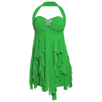 Ins Halter Neck Backless Dress Summer Sexy Printed Irregular Mesh Short Dresses For Evening Party Club Women's Clothing
