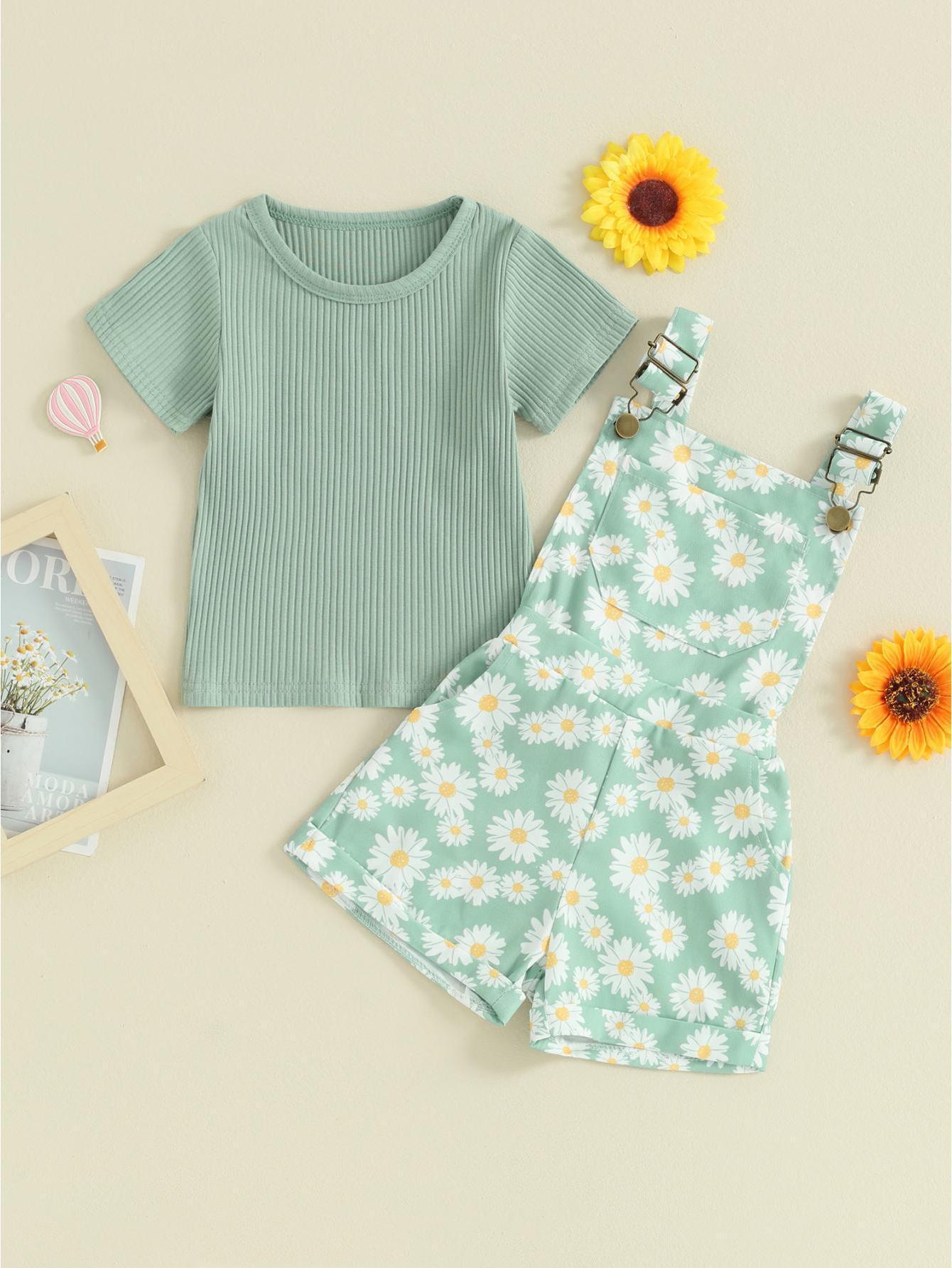 Toddler Girl Shorts Outfit Solid Color Ribbed Short Sleeve