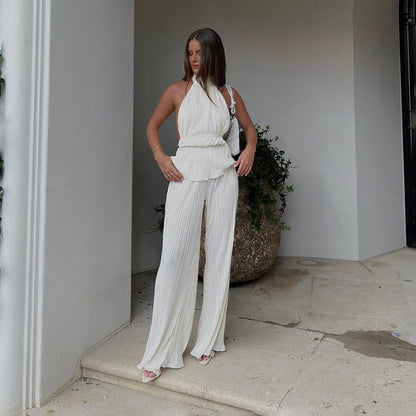 Pleated High Waist Wide Leg Pants Suit Women
