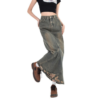 American Retro Make Old Ripped Denim Package Hip Skirt Women