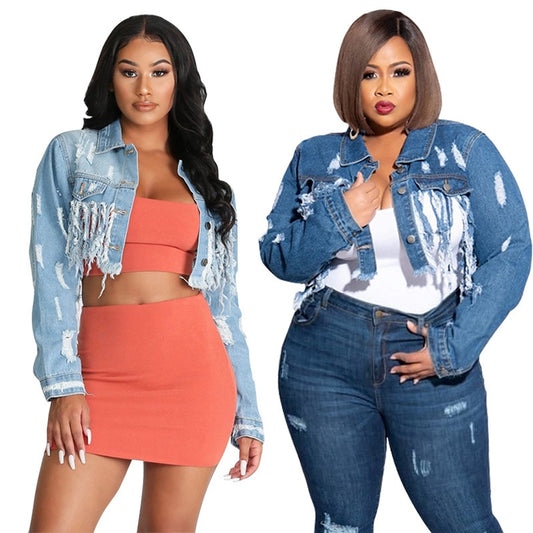 Ripped washed fringed denim jacket