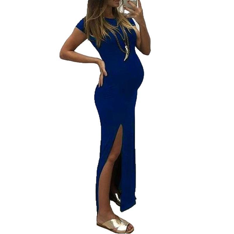 Retro Literary Women's Round Neck Short Sleeved Slit Maternity Comfortable Dress