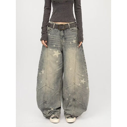 Vintage Washed Distressed Gray Splatter Curved Knife Jeans For Men