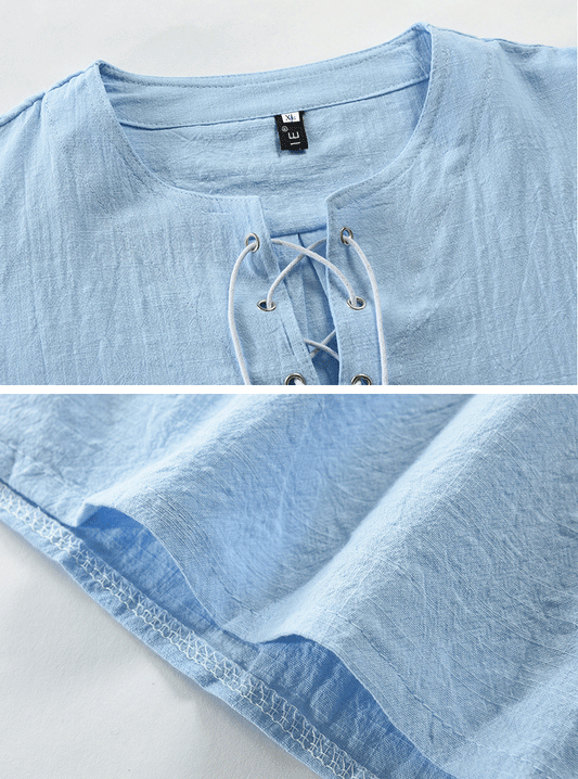Plain Cotton And Linen Lace-up Shirt For Men