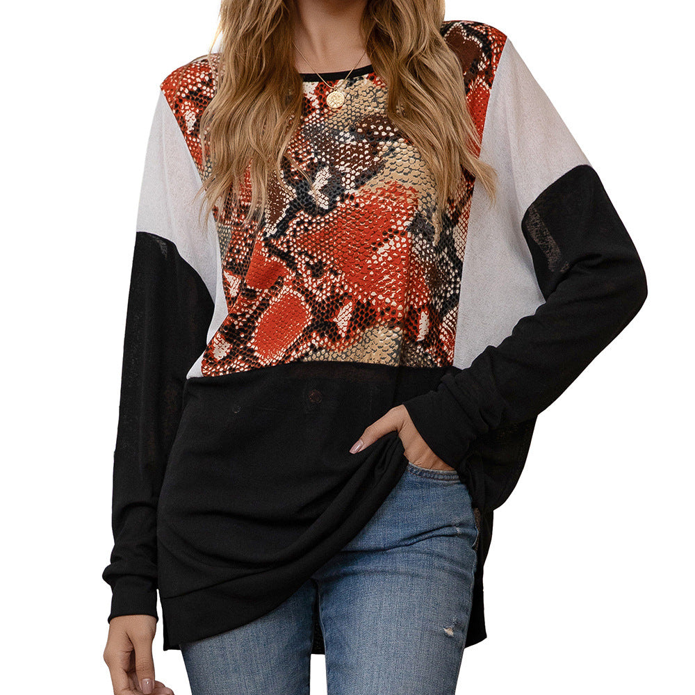 Snakeskin Pattern Stitching Casual Loose Doll Sleeves Large Size Top Women
