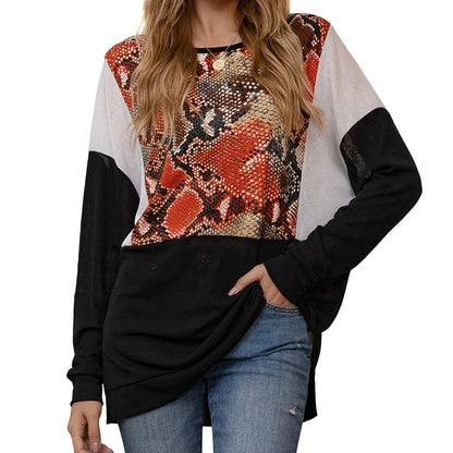 Snakeskin Pattern Stitching Casual Loose Doll Sleeves Large Size Top Women