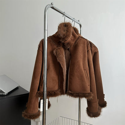 Lamb Wool One-piece Fur Motorcycle Coat Jacket Furry Coat Women