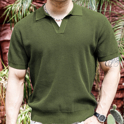 Men's Ribbed Solid Color Simple Flip Collar Sport Short Sleeve
