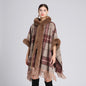 Loose Plaid Plus Cashmere Fur Collar Knitted Inverness