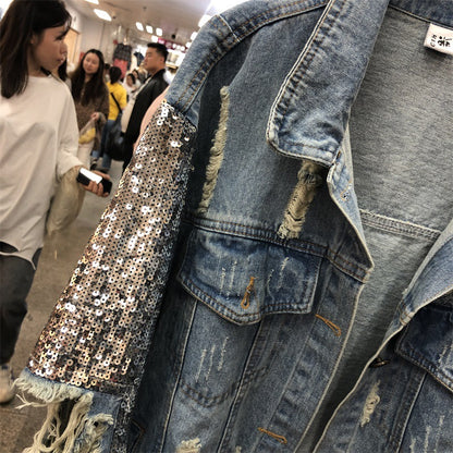 Heavy Industry Sequined Denim Jacket Women Loose