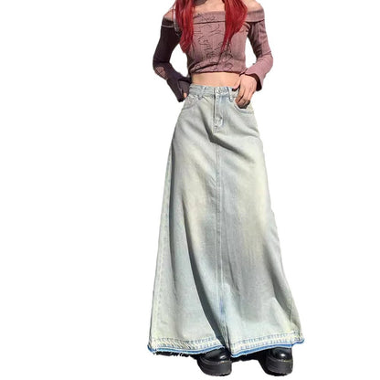 Light Color Retro Washed Denim Skirt For Women