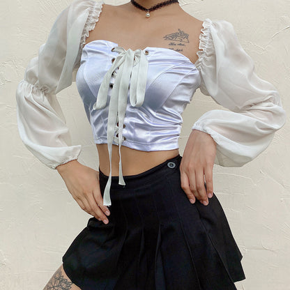 Puff sleeve stitching tie t-shirt