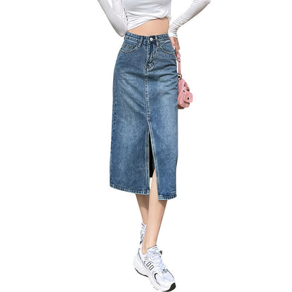 High Waist Slit Denim Skirt For Women