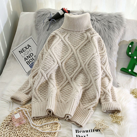 Plaid Turtleneck Knitted Women Sweaters Solid Thicken Warm Loose All Match Pulls Outwear Coat Tops