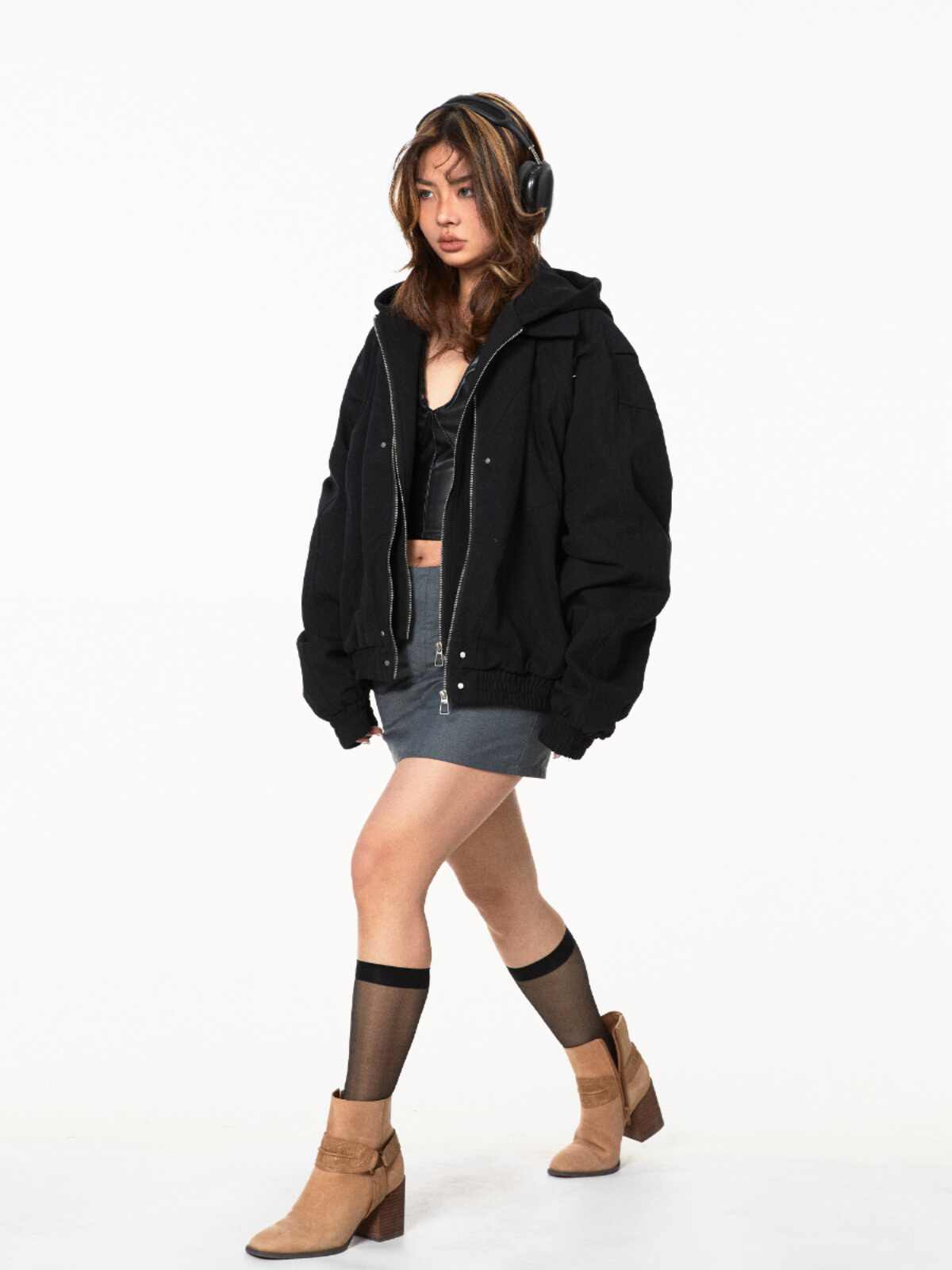 Fake Two Pieces Hooded Workwear Coats Female Cropped Jacket