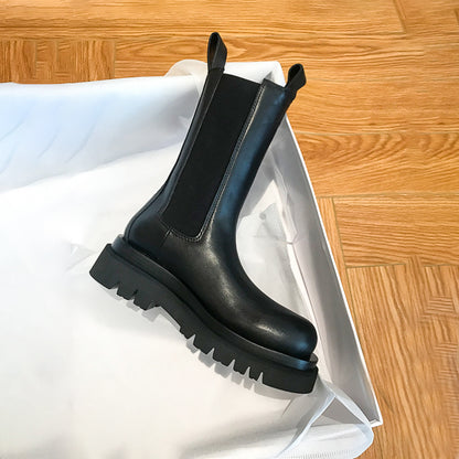 Mid-calf Thick-soled Women's Leather Boots In British Style