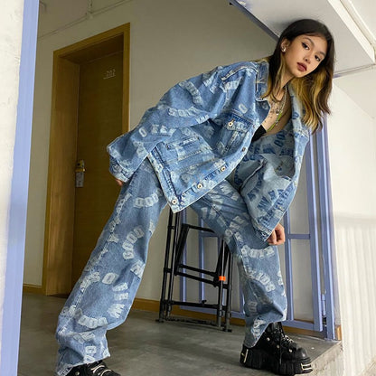 Women's Fashion Loose Jacket Denim Pants Set