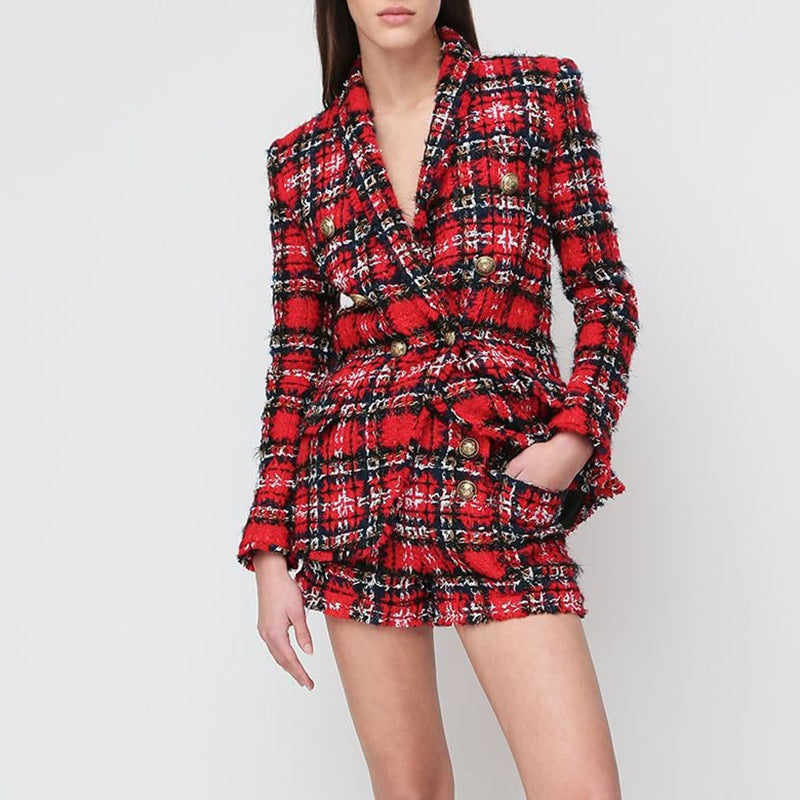 Double-Breasted Tweed Plaid Woolen Fringed Collar Blazer Jacket