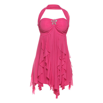 Ins Halter Neck Backless Dress Summer Sexy Printed Irregular Mesh Short Dresses For Evening Party Club Women's Clothing
