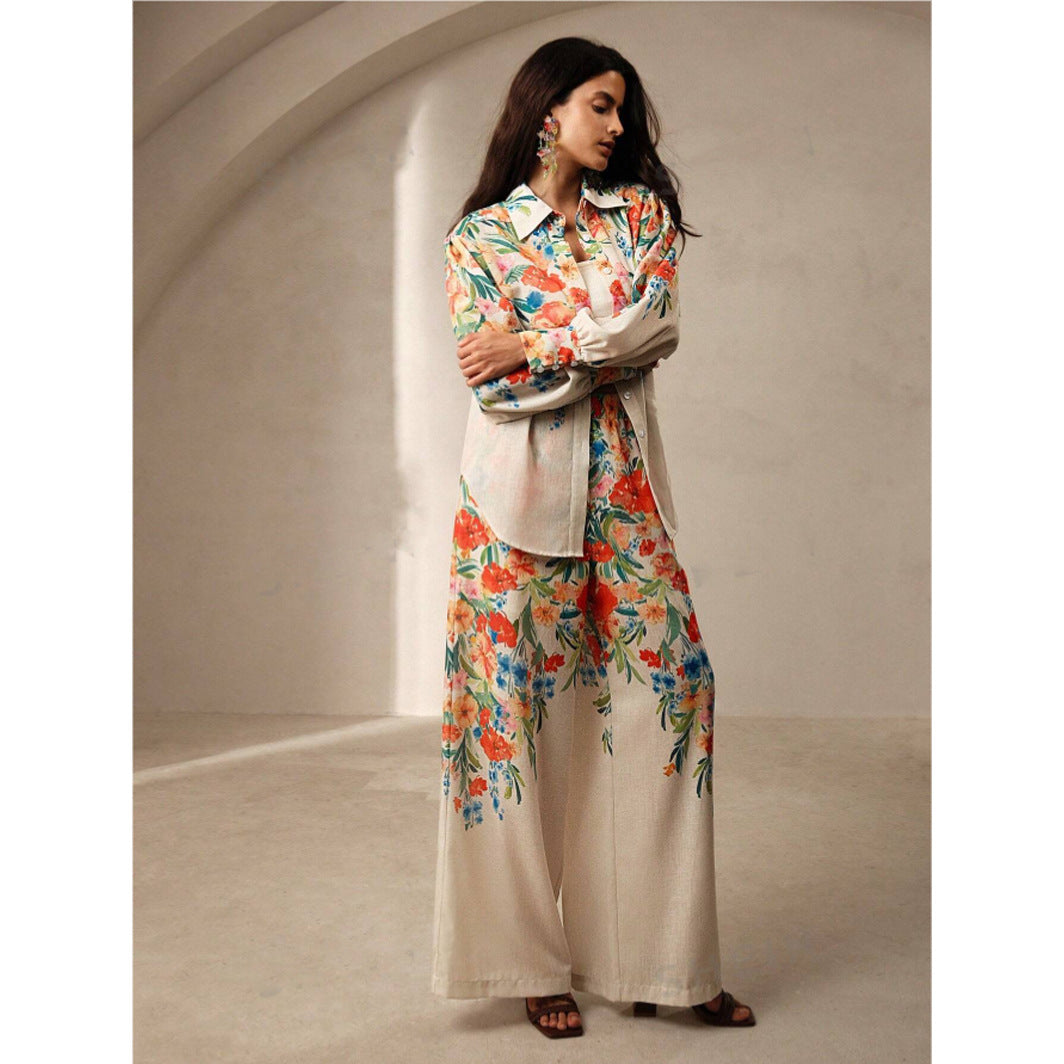 Casual Fashion Floral Print Women Blouse And Pants Suit