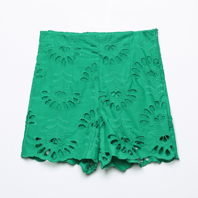 European And American Versatile Women''s Summer New Fashion Cut Out Embroidered Shorts