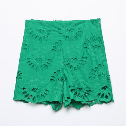 European And American Versatile Women''s Summer New Fashion Cut Out Embroidered Shorts