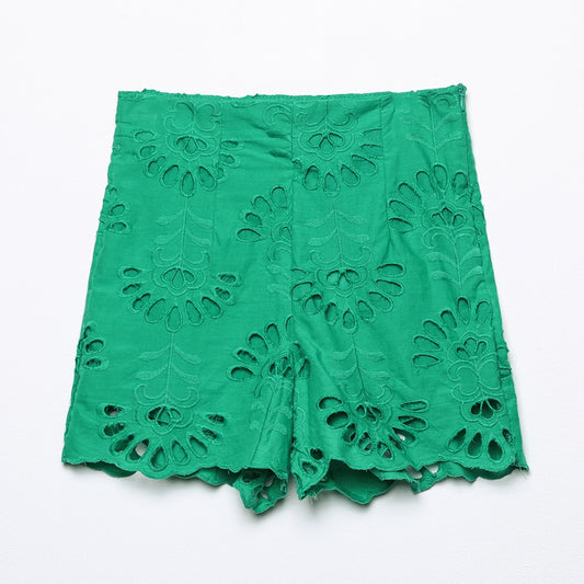 European And American Versatile Women''s Summer New Fashion Cut Out Embroidered Shorts