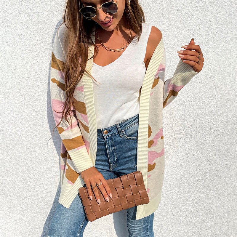 Knit Sweater Women's Long Camouflage Sweater Cardigan