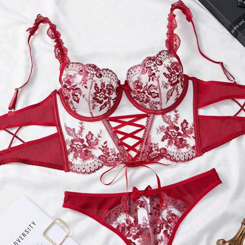 Mesh Exquisite Embroidered Flowers Cross Strap Underwear Suit Women