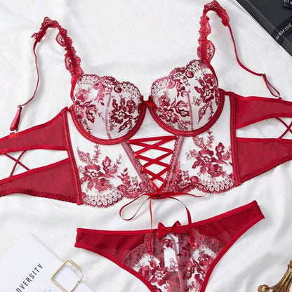 Mesh Exquisite Embroidered Flowers Cross Strap Underwear Suit Women