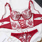 Mesh Exquisite Embroidered Flowers Cross Strap Underwear Suit Women