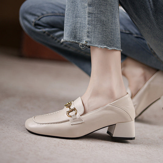 Horsebit Loafer Women's Leather Mid-heel Square Toe Women's Shoes